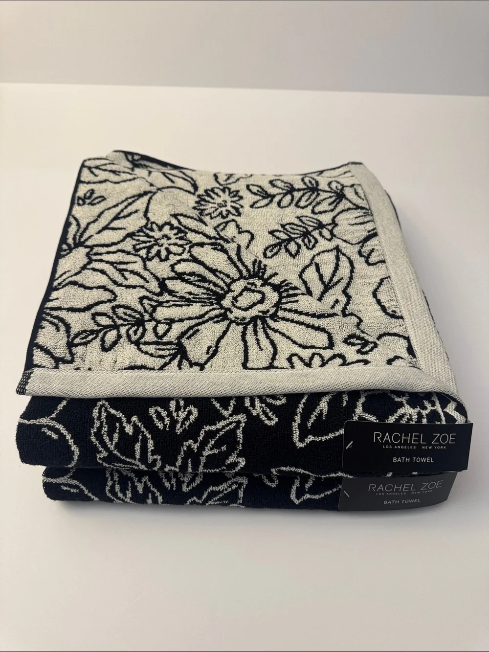 💥6pc RACHEL ZOE  Black and Ecru Floral Pattern Reversible Bath Towel Set
